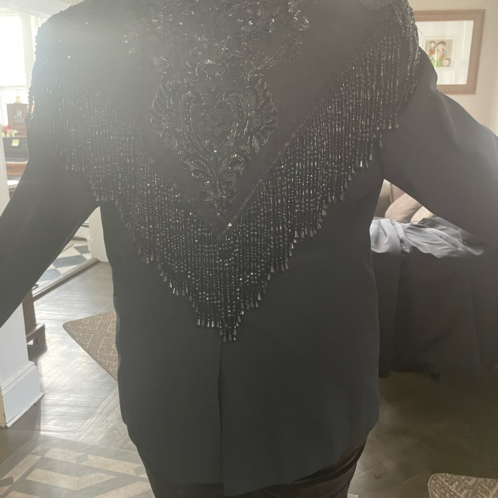 Custom designed, faceted jet black/bugle beads/fringed, 1 button, satin pockets